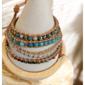 Y2K Lizou Leather Wrap Bracelet 4mm Semi Precious Stone Beads Boho Style 36"